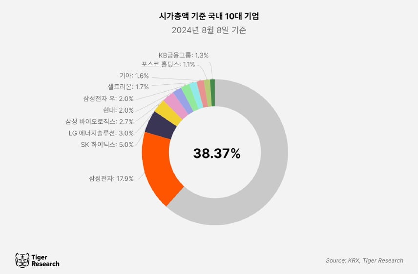 시가총액 기준 국내 10대 기업 시장 점유율 / 사진=타이거리서치