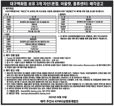 '마지막 향토백화점' 대구百, 경영난에 본점·아울렛·물류센터 공개매각