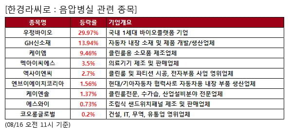 우정바이오,GH신소재,케이엠,멕아이씨에스,엑사이엔씨,엔브이에이치코리아,케이엔솔,에스와이,코오롱글로벌