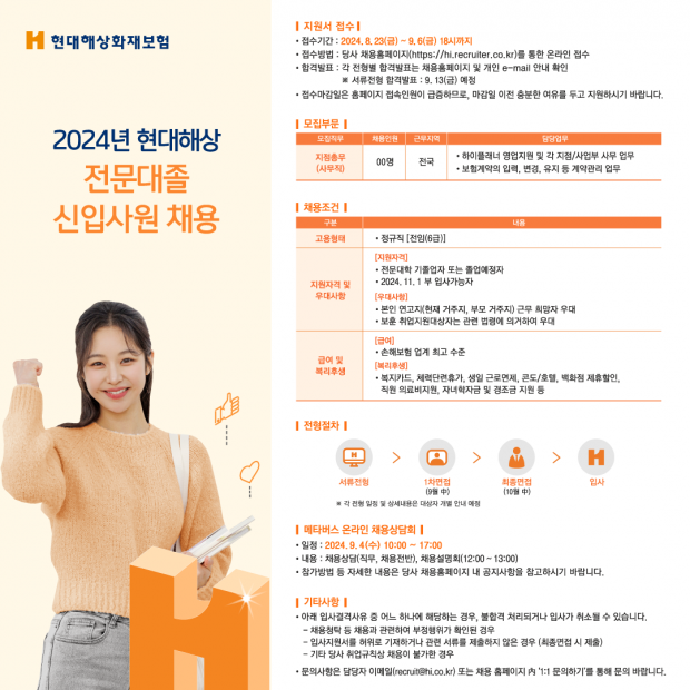 현대해상, 2024년 전문대졸 신입사원 공개채용