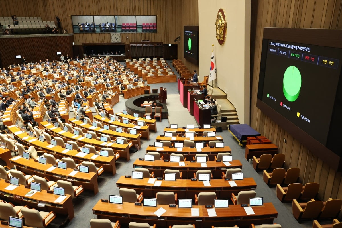 2일 오후 국회 본회의에서 '전국민 25만원 지원법'(민생회복지원금 특별조치법)이 통과되고 있다. 사진=연합뉴스