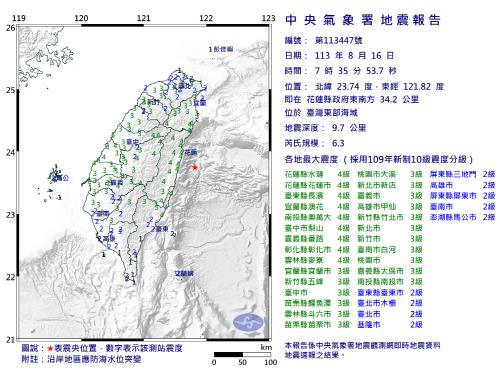 대만 화롄현 인근 해역서 규모6.3 지진…12개지역 '국가급 경보'