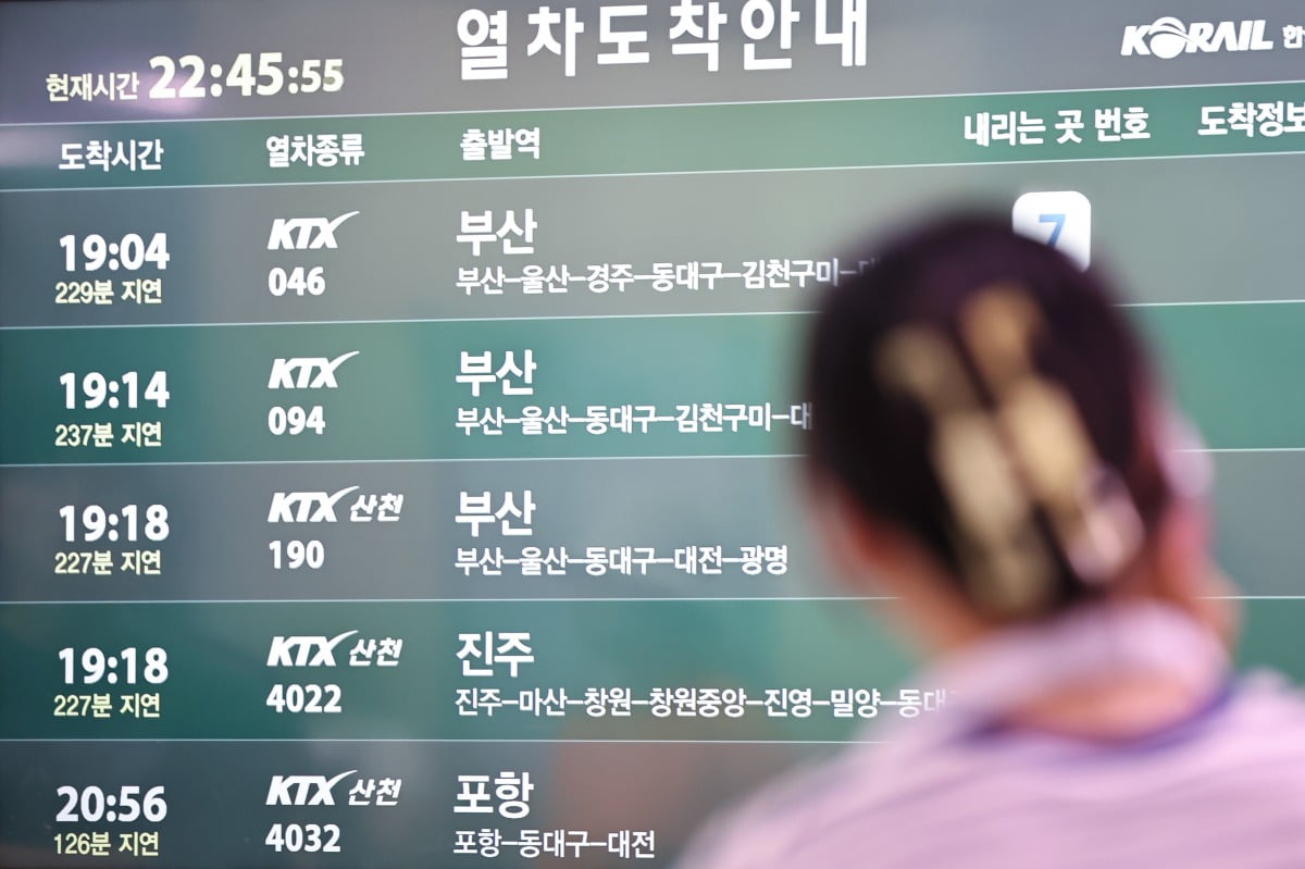 18일 오후 서울 중구 서울역 대합실 TV에 부산으로 향하던 KTX 열차의 궤도 이탈 사고 여파로 인한 열차 운행 지연 정보가 표시되고 있다. /사진=뉴스1