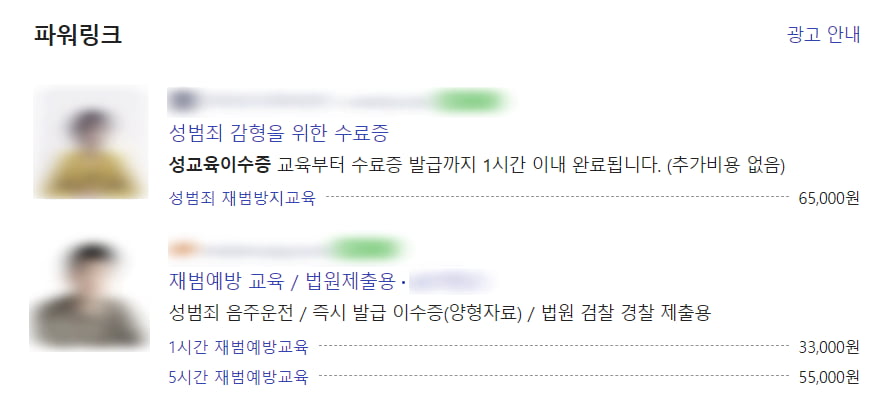 대놓고 '법원제출용' 성교육 이수증 발급을 홍보하는 업체들 / 사진=네이버 검색화면 캡처