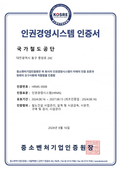 국가철도공단, 인권경영시스템(HRMS) 최초 인증 획득