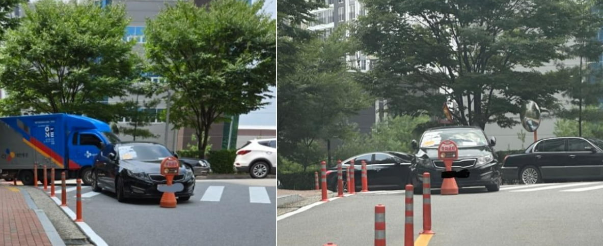 아파트 내 횡단보도를 가로막고 차량 통행로에 카지노 차무식한 모습. 사진=보배드림