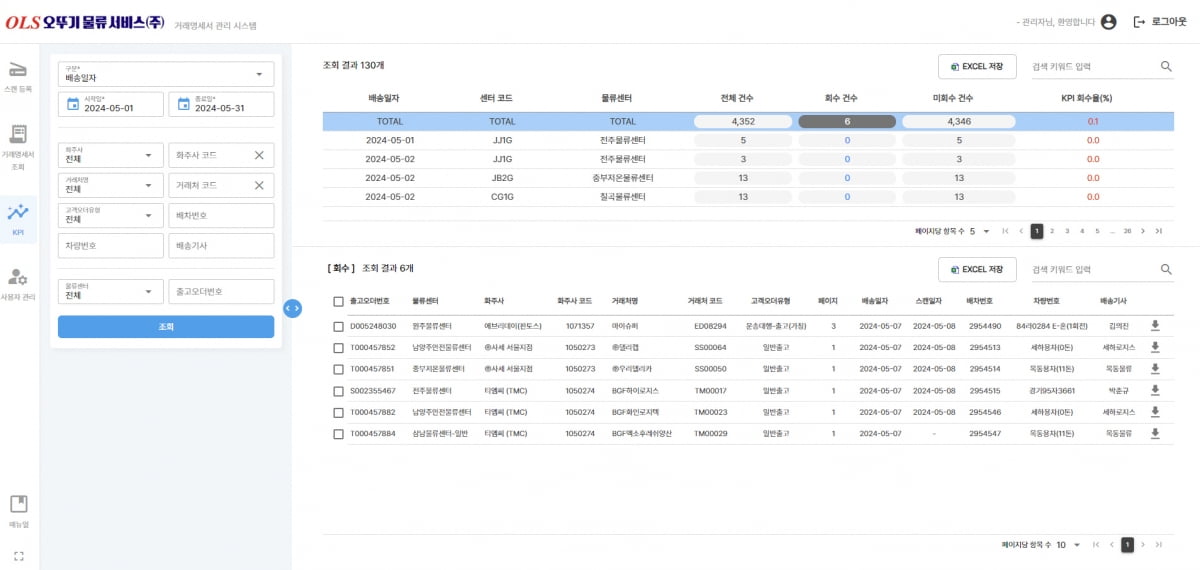 신도리코 ‘물류스캔 솔루션’ 관리시스템 페이지