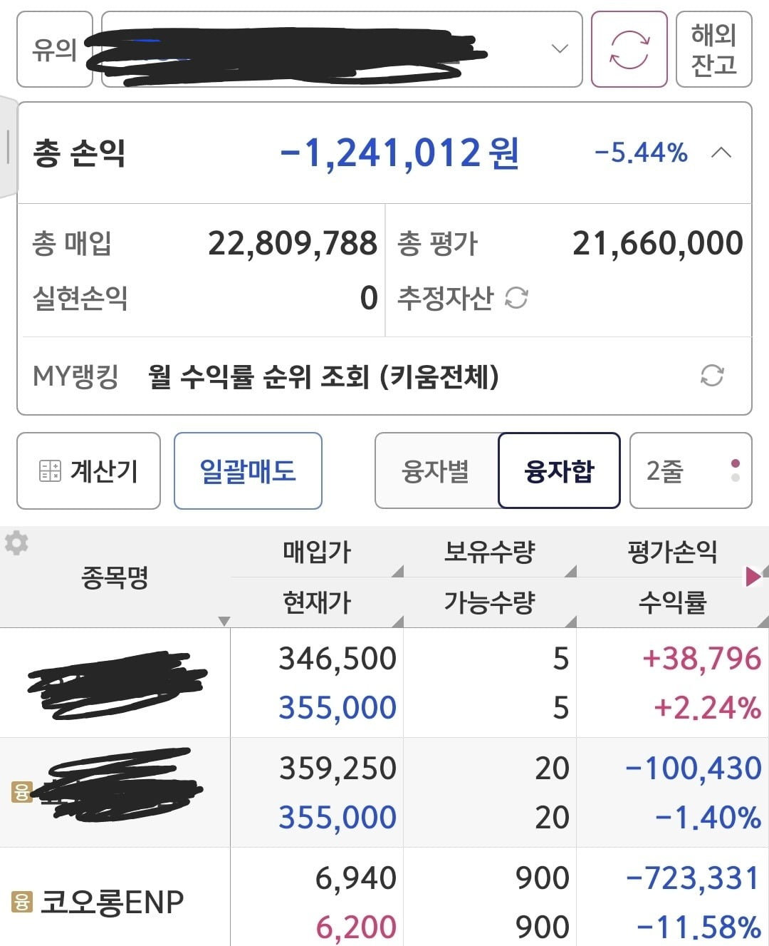 신용대출로 카지노 가입머니ENP에 투자한 30대 직장인 주식 계좌 잔고 캡처. 한국경제신문 독자 제공