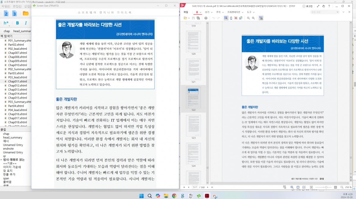 전자책 전문 편집자 박웅영 씨가 전자책 편집 완료를 한 후 종이책(PDF)과 비교하며 검수하는 화면.