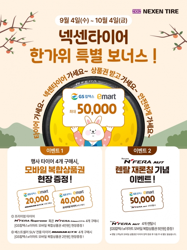 넥센타이어, 한가위 보너스 풍성! 타이어 교체하면 상품권 선물