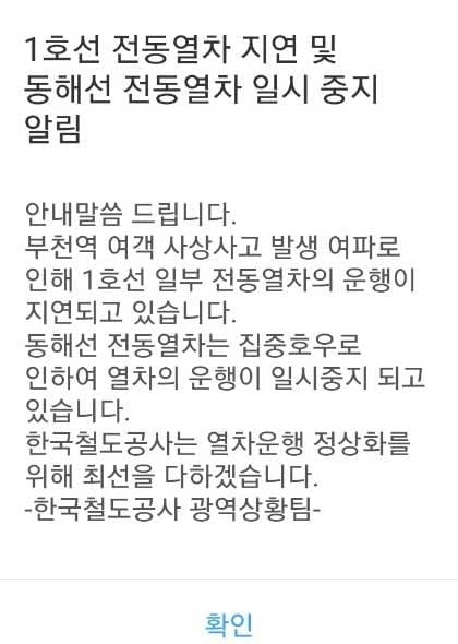 부천역 선로에 떨어진 남성, 전동차에 치여