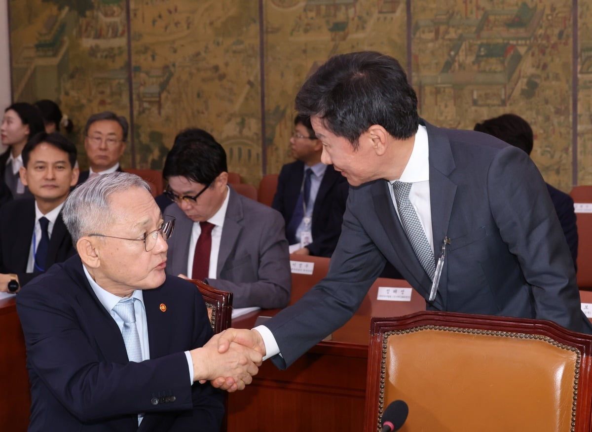 유인촌 문화체육관광부 장관과 정몽규 대한축구협회장이 지난 24일 국회에서 열린 문화체육관광위원회 전체회의에 출석해 인사를 나누고 있다./사진=연합카지노사이트