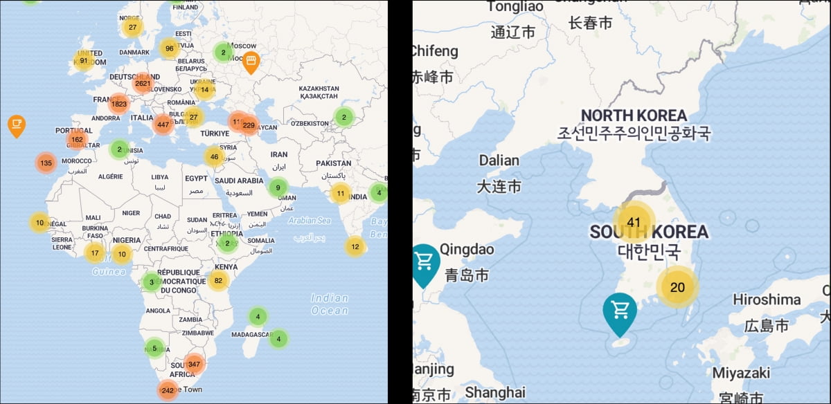 유럽과 아프리카(왼쪽)에서는 상당히 많은 매장들이 비트코인 결제를 도입했다. / 사진=BTC맵 캡쳐