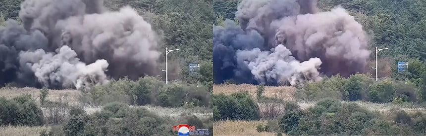 북한이 동해선 육로를 폭파했다고 17일 보도하면서 내놓은 사진은 우리 군 합동참모본부가 촬영한 영상을 무단으로 캡처한 것으로 보인다는 분석이 제기됐다. 북한 조선중앙통신이 이날 보도한 동해선 폭파 장면(왼쪽)과 합동참모본부가 촬영한 동영상 속의 유사 장면(오른쪽) 비교. /사진=연합뉴스