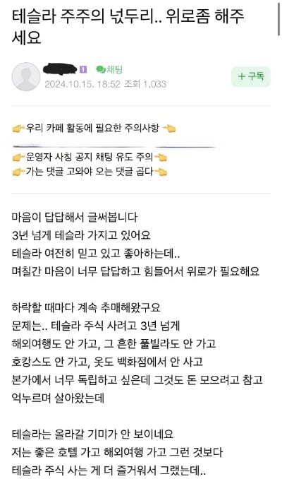 지난 15일 한 테슬라 투자자가 온라인 투자 커뮤니티에 올린 글.