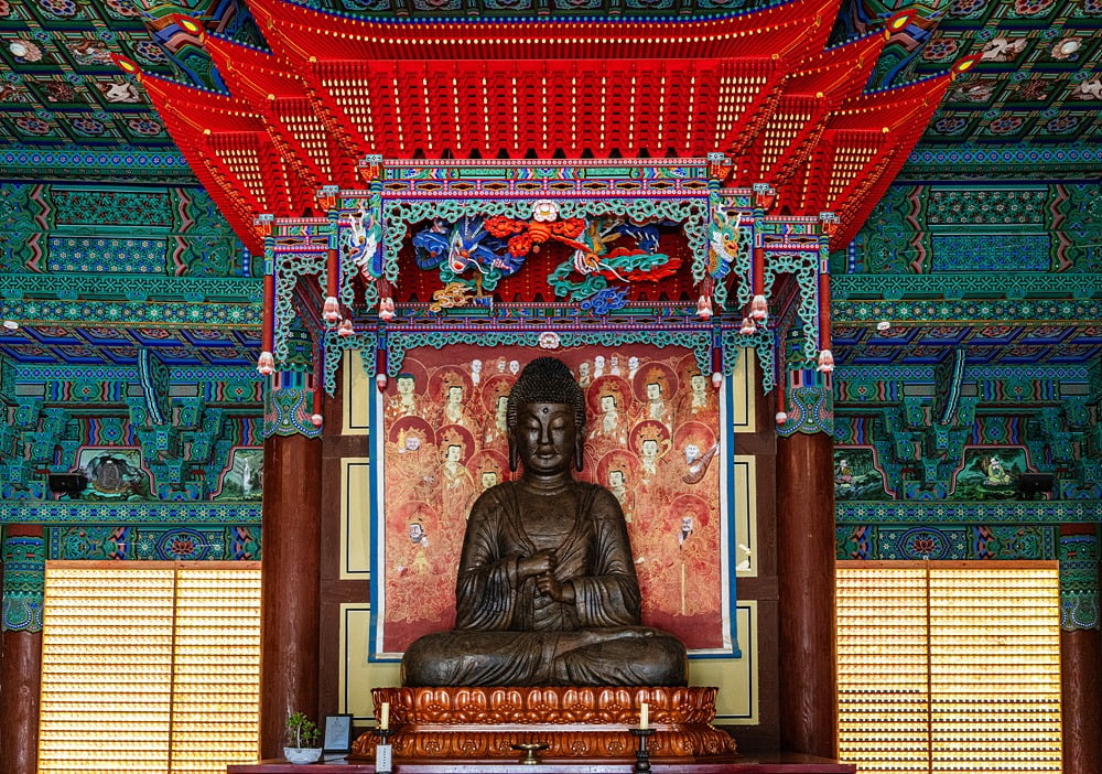 Seated iron Vairocana Buddha statue enshrined in Daejeokgwangjeon Hall