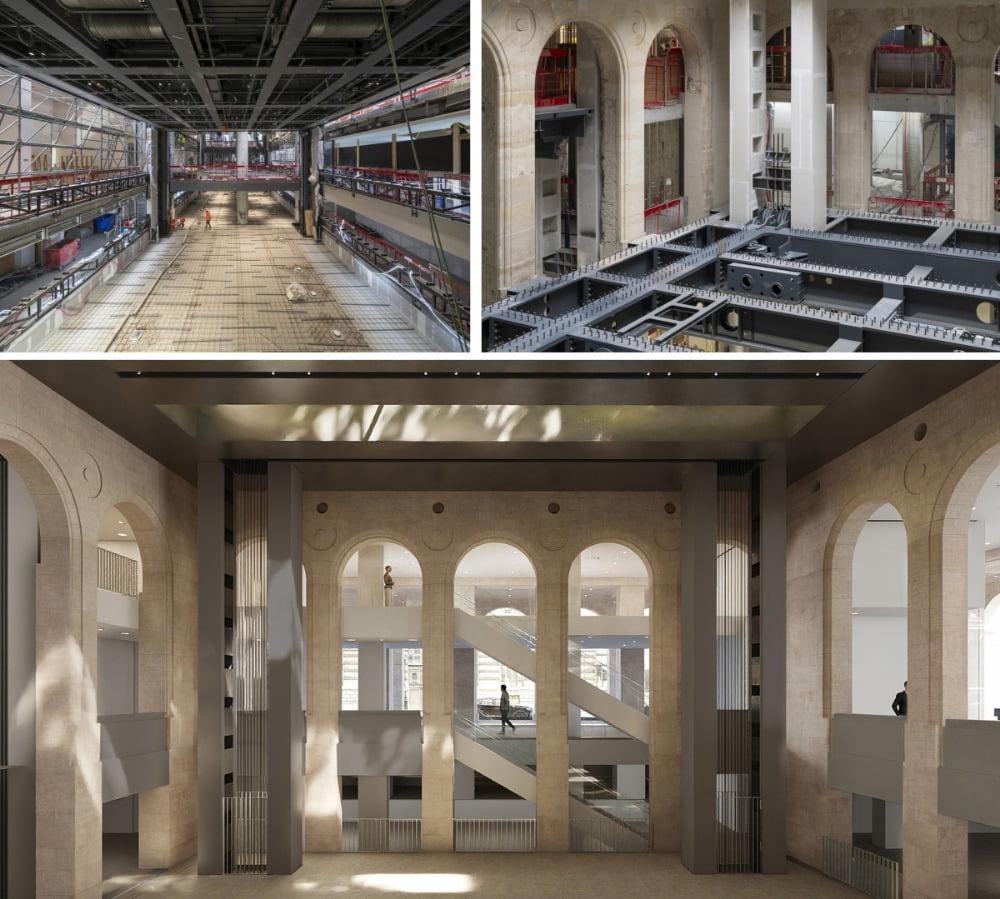 (Top) ‘Chantier Palais Royal’ interior construction site, 2023 / Photo. ©Martin Argyroglo, (bottom) 3D interior on the Rue de Rivoli street side, 2024 ©Jean Nouvel / photo. ©ADAGP PARIS 