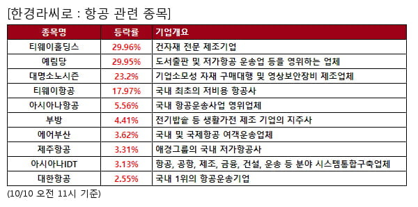 티웨이홀딩스,예림당,대명소노시즌,티웨이항공,아시아나항공,부방,에어부산,제주항공,아시아나IDT,대한항공