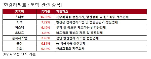 스페코,빅텍,퍼스텍,휴니드,한화시스템,풍산,한화