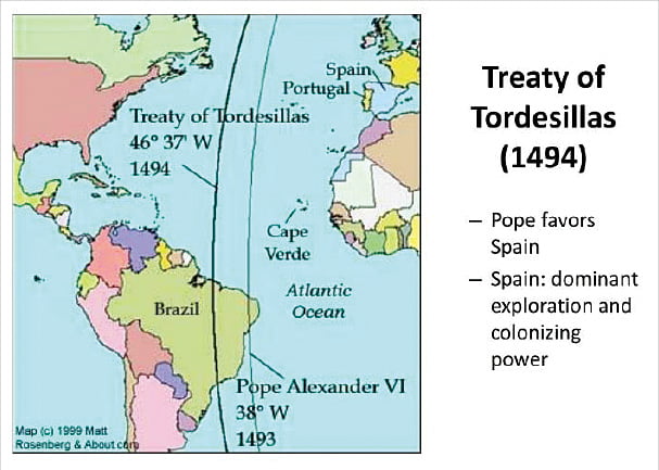 오른쪽 선이 교황 안, 왼쪽이 1494년 에스파냐-포르투갈 양측 합의. 교황청은 1506년 합의를 공식 승인했다. 