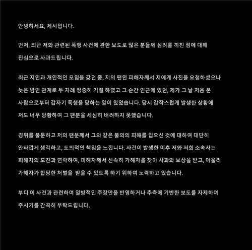 제시 "사진 요청한 팬을 처음 본 사람이 폭행"