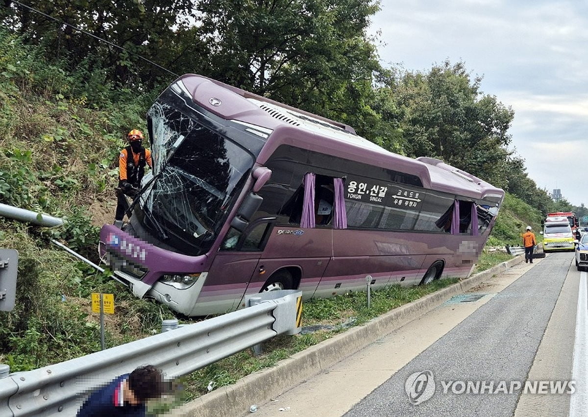 버스가 가드레일 뚫고 비탈 '돌진'..."음주 아냐"