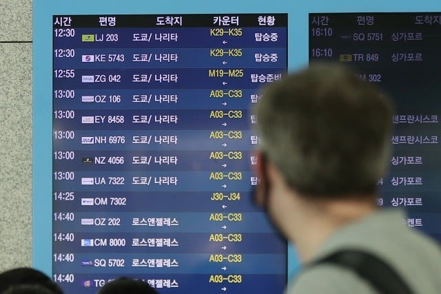 인천국제공항 제1여객터미널 전관판에 일본 도쿄로 떠나는 항공기 탑승정보가 안내되고 있다. 사진=뉴스1