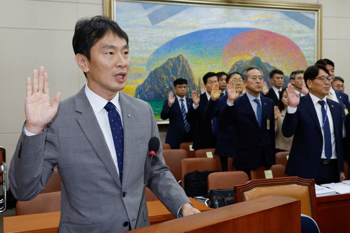 이복현 금융감독원장이 17일 오전 서울 여의도 국회 정무위원회에서 열린 금융감독원·서민금융진흥원 국정감사에서 증인 선서를 하고 있다. 사진=뉴스1