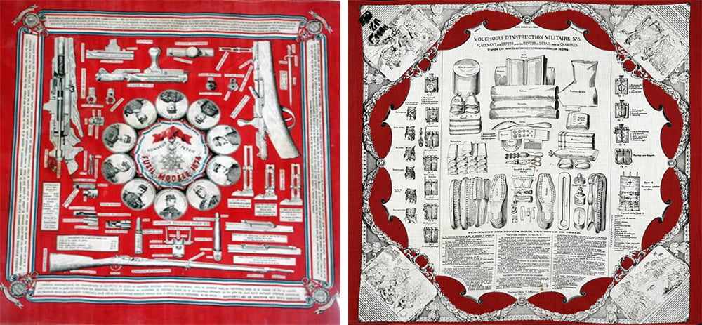 군사 교육용 손수건. 샤스포 소총 모델 1866 의 분해 및 재조립 설명과 병사 소지품 정리 방법이 인쇄되어있다. / 사진출처. 위키피디아