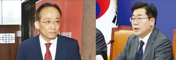 추경호 국민의힘 원내대표가 7일 윤석열 대통령 담화 관련 입장을 발표한 뒤 퇴장하고 있다(왼쪽 사진). 같은 날 박찬대 더불어민주당 원내대표가 정책조정회의에서 발언하고 있다.   /연합뉴스·강은구 기자 