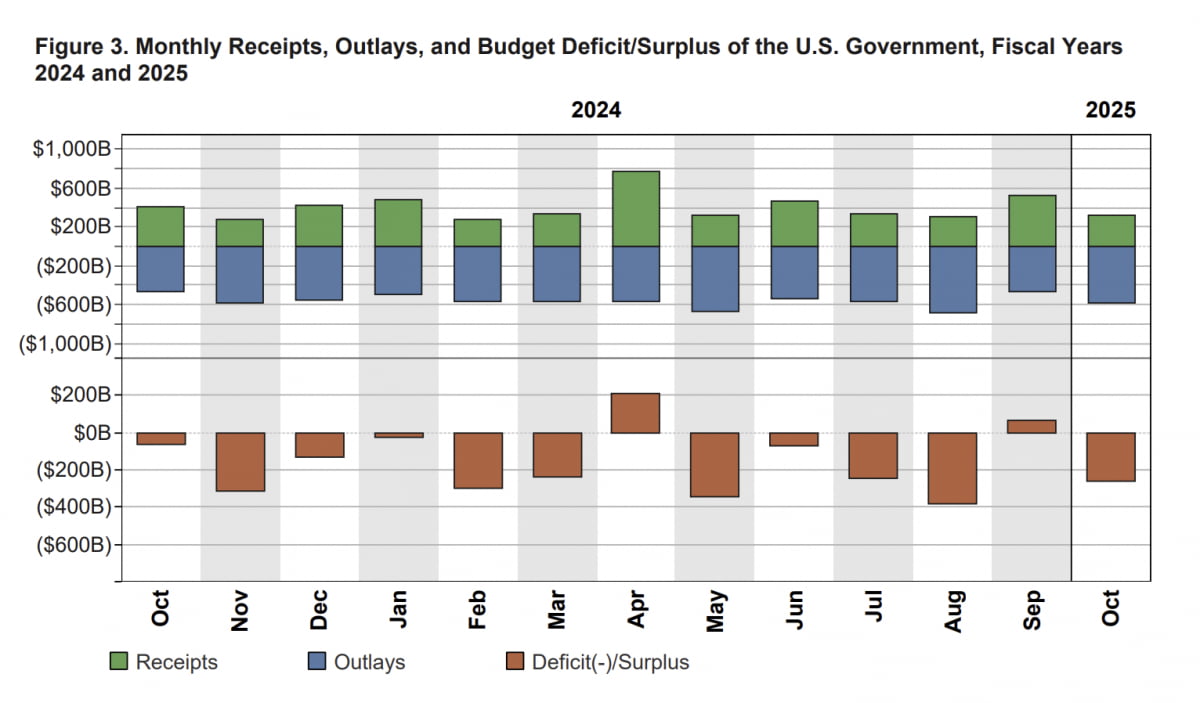 미국 연방 정부의 2023년 10월부터 2024년 10월까지의 월별 수입, 지출, 적자 규모/ 자료=미국 재무부