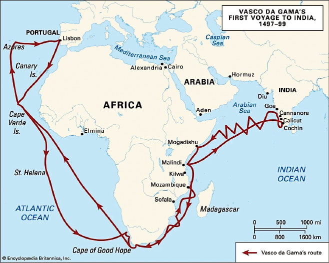 바스쿠 다 가마의 항로. 아프리카 서남쪽으로 꽤 멀리 돌아간 것을 확인할 수 있다. 인도의 캘리컷, 코친, 고아는 대항해시대에 여러 번 등장하는 지명이므로 기억해두면 관련 글을 읽을 때 편하다. 