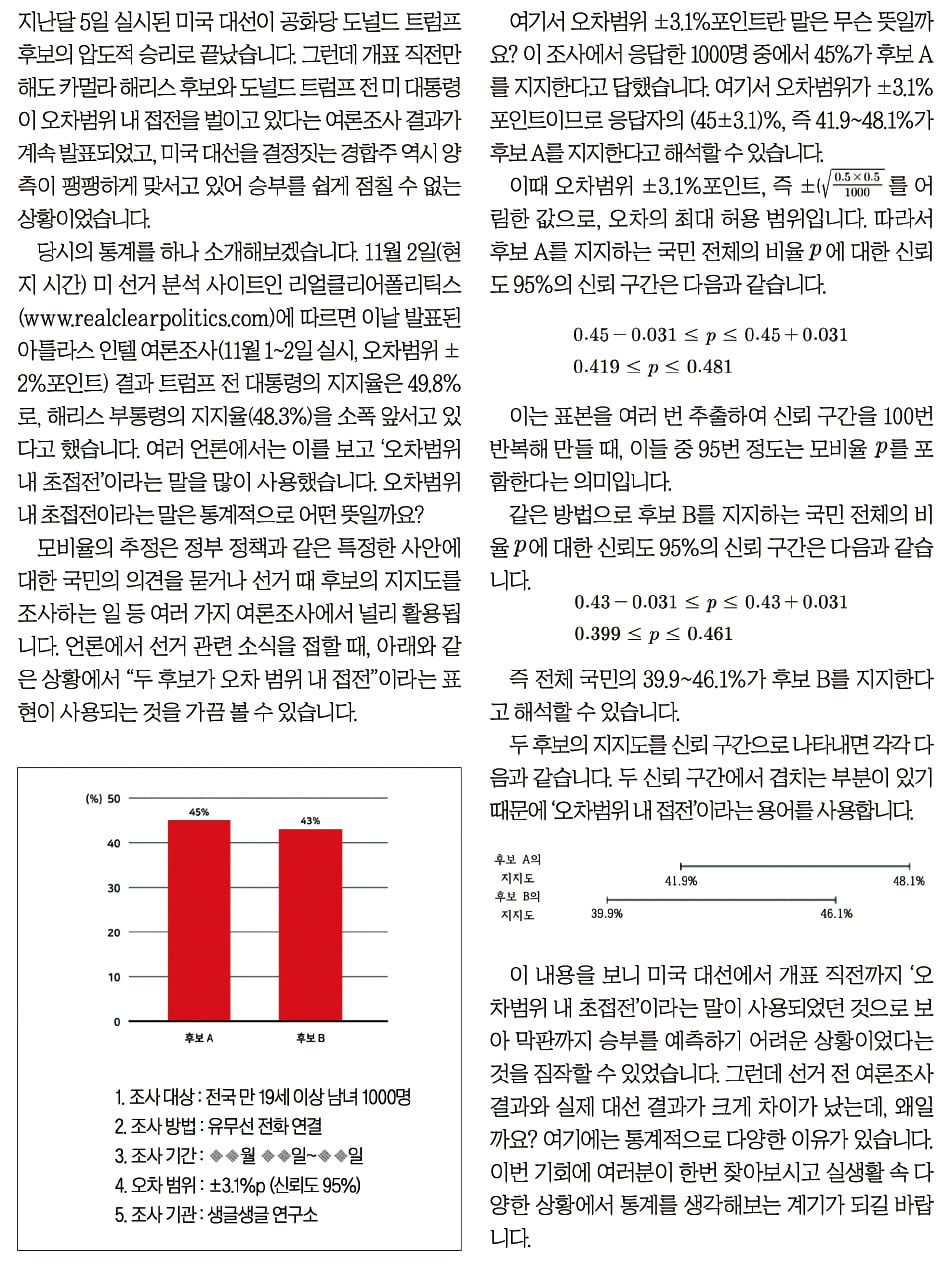 [재미있는 수학] 선거 때 '오차 범위 내 초접전' 통계적 의미는?