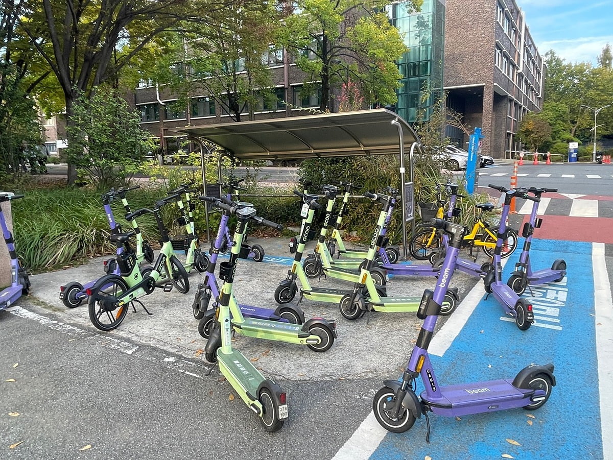 대학교 내 보행로에 주차된 전동킥보드