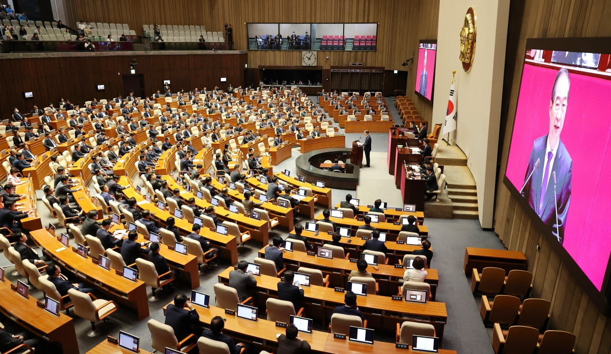 한덕수 국무총리가 4일 오전 국회에서 열린 본회의에서 2025년도 예산안 및 기금운용계획안에 대한 시정연설을 하고 있다.  / 사진=연합뉴스