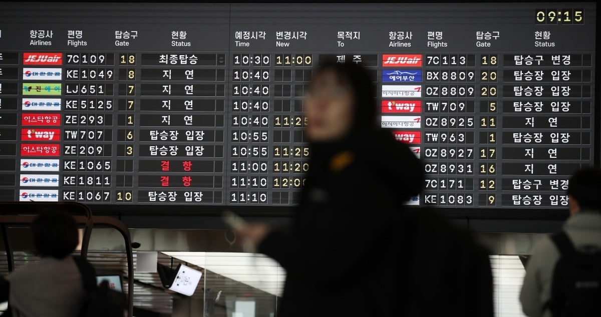 밤 사이 전국 대부분 지역에 많은 눈이 내린 28일 김포공항 국내선 전광판에 지연 및 결항 안내가 표시되고 있다./사진=뉴스1