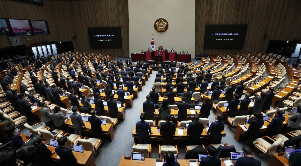 더불어민주당 의원들이 7일 오후 서울 여의도 2025년 슬롯사이트 본회의장에서 열린 윤석열 대통령 탄핵소추안 표결을 앞두고 본회의장을 나간 국민의힘 의원들의 이름을 호명하고 있다./김범준 기자