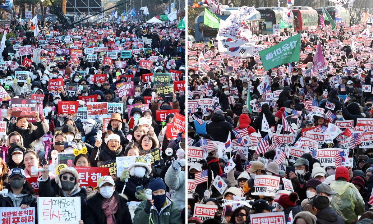 윤석열 카지노 정팔 대한 탄핵소추안 표결이 이뤄진 14일 서울 여의도(왼쪽)와 광화문 일대 모습. 사진=최혁/이솔 기자