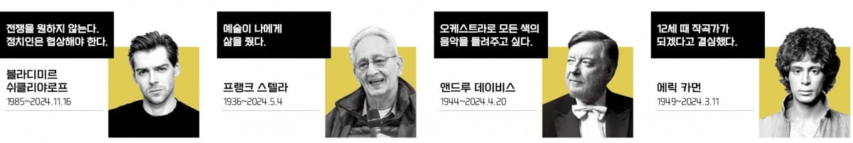 (왼쪽부터)‘발레 황태자’로 불린 러 마린스키 수석무용수, 추상주의 시대 끝내고미니멀리즘 시작 알린 거장. BBC 프롬스 폐막 장식한 영국의 지휘자. 밴드 ‘라즈베리스’ 이끈 1970년대 파워 팝의 아이콘. 