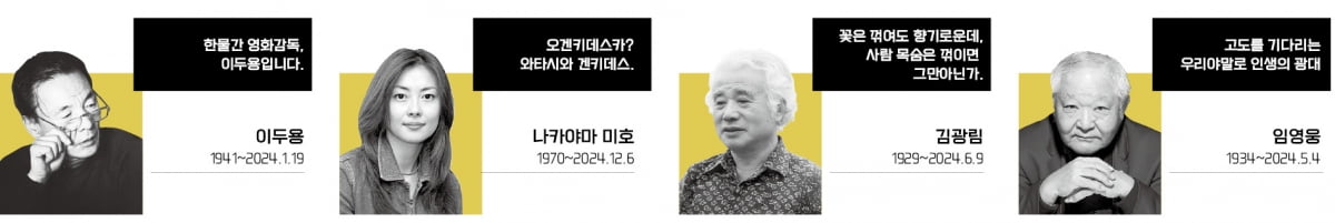 (왼쪽부터)액션·사극·멜로 넘나드는 20세기 韓 영화계 거인. 아직도 회자되는 한마디 영화 ‘러브레터’의 주인공. 한국 현대시의 모더니즘을 이끈 시인. 극단 ‘산울림’ 창단한 한국 연극계의 대부. 