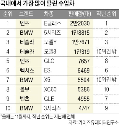 한국인이 가장 선호한 올 수입차 베스트셀러는…E클래스·5시리즈·모델Y