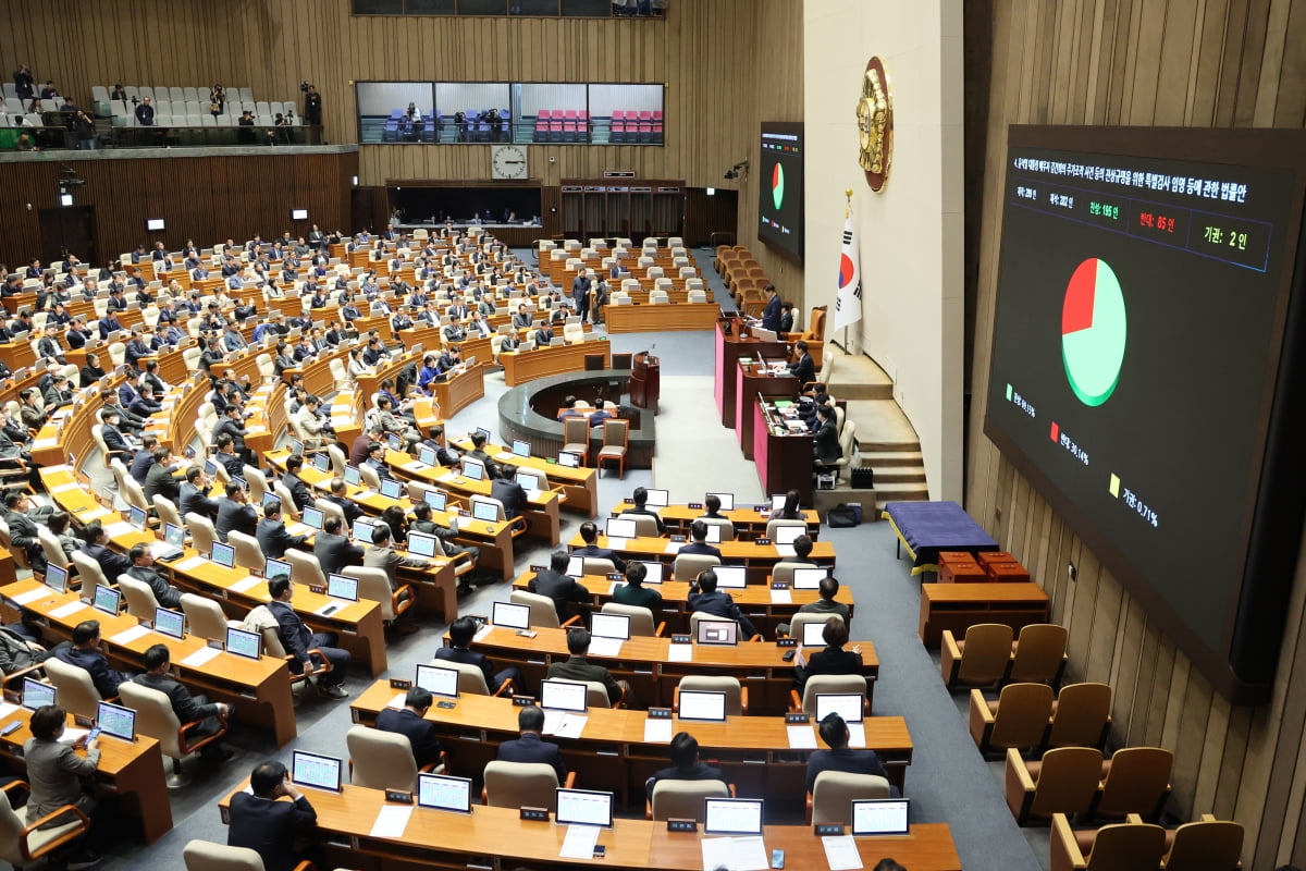 12월 12일 오후 국회 본회의에서 '윤석열 대통령 배우자 김건희의 주가조작 사건 등의 진상규명을 위한 특별검사 임명 등에 관한 법률안'이 통과되고 있다. 사진=연합뉴스