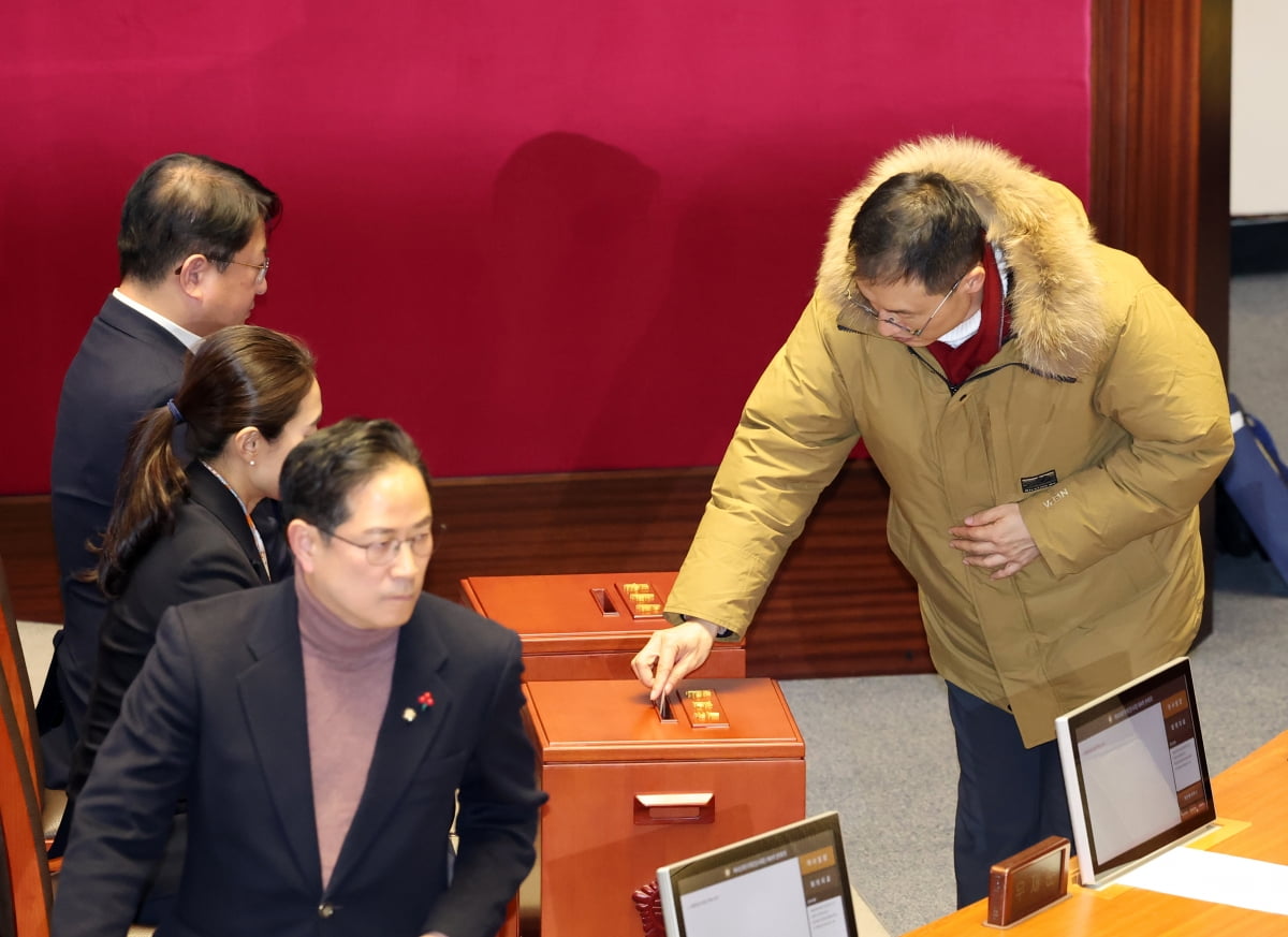 14일 국회 본회의에서 김상욱 국민의힘 의원이 윤석열 대통령 탄핵소추안에 대한 투표를 하고 있다. 강은구기자 2024.12.14