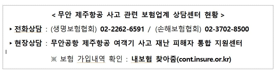 보험업계, 제주항공 사고 피해자 지원 위해 공동 상담센터 운영