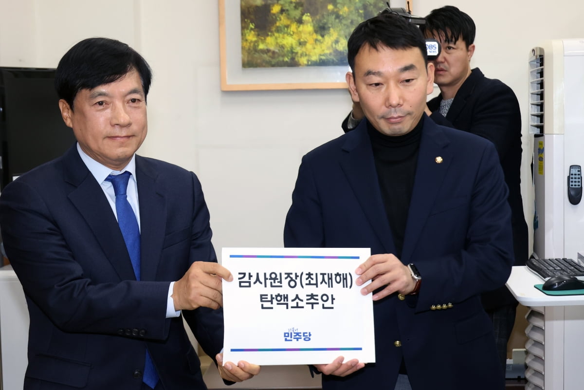 더불어민주당 김용민 원내정책수석부대표와 이성윤 의원이 2일 오후 서울 여의도 국회 의안과에 최재해 감사원장 탄핵소추안을 제출하고 있다. 사진=연합뉴스