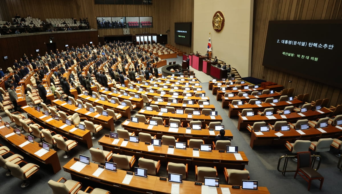  7일 오후 국회 본회의에서 야당 의원들이 윤석열 대통령의 탄핵소추안 표결에 불참하기 위해 퇴장한 국민의힘 의원들의 이름을 일일이 호명하고 있다. / 사진=연합뉴스