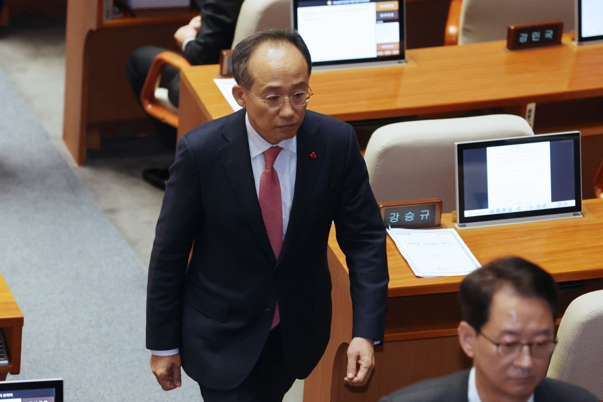 국민의힘 추경호 원내대표가 7일 오후 국회 본회의에서 재의결 안건인 김건희 여사 특검법에 표결한 뒤 퇴장하고 있다. 사진=연합뉴스