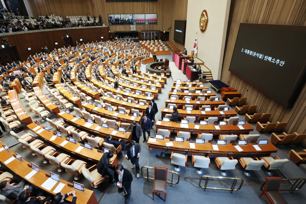 7일 오후 국회 본회의에서 국민의힘 온라인카지노들이 윤석열 대통령 탄핵소추안에 대한 표결을 앞두고 퇴장하고 있다. 연합뉴스