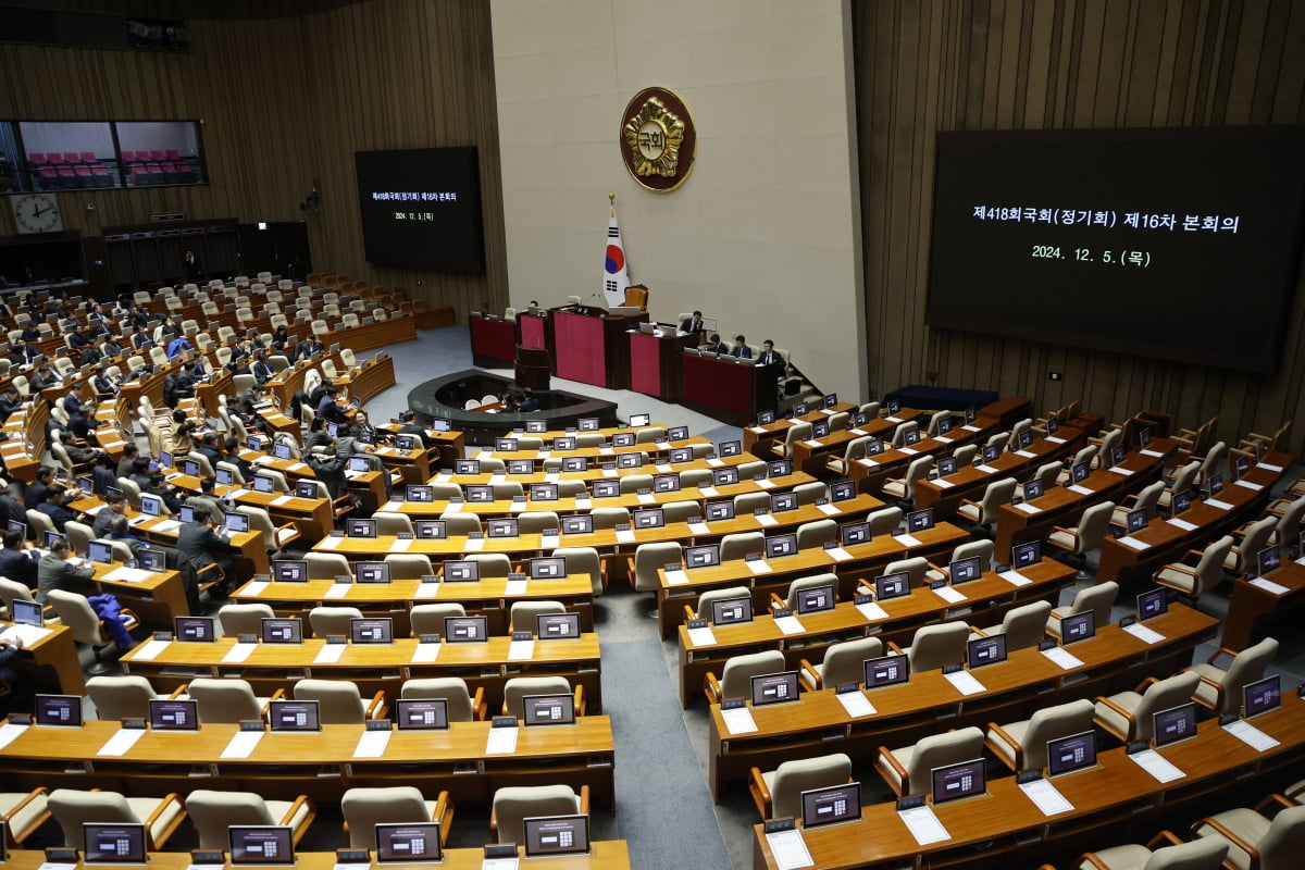 5일 새벽 서울 여의도 국회에서 열린 제418회국회(정기회) 제16차 본회의에 국민의힘 의원들이 참석하지 않아 여당 좌석이 비어 있다. 뉴스1