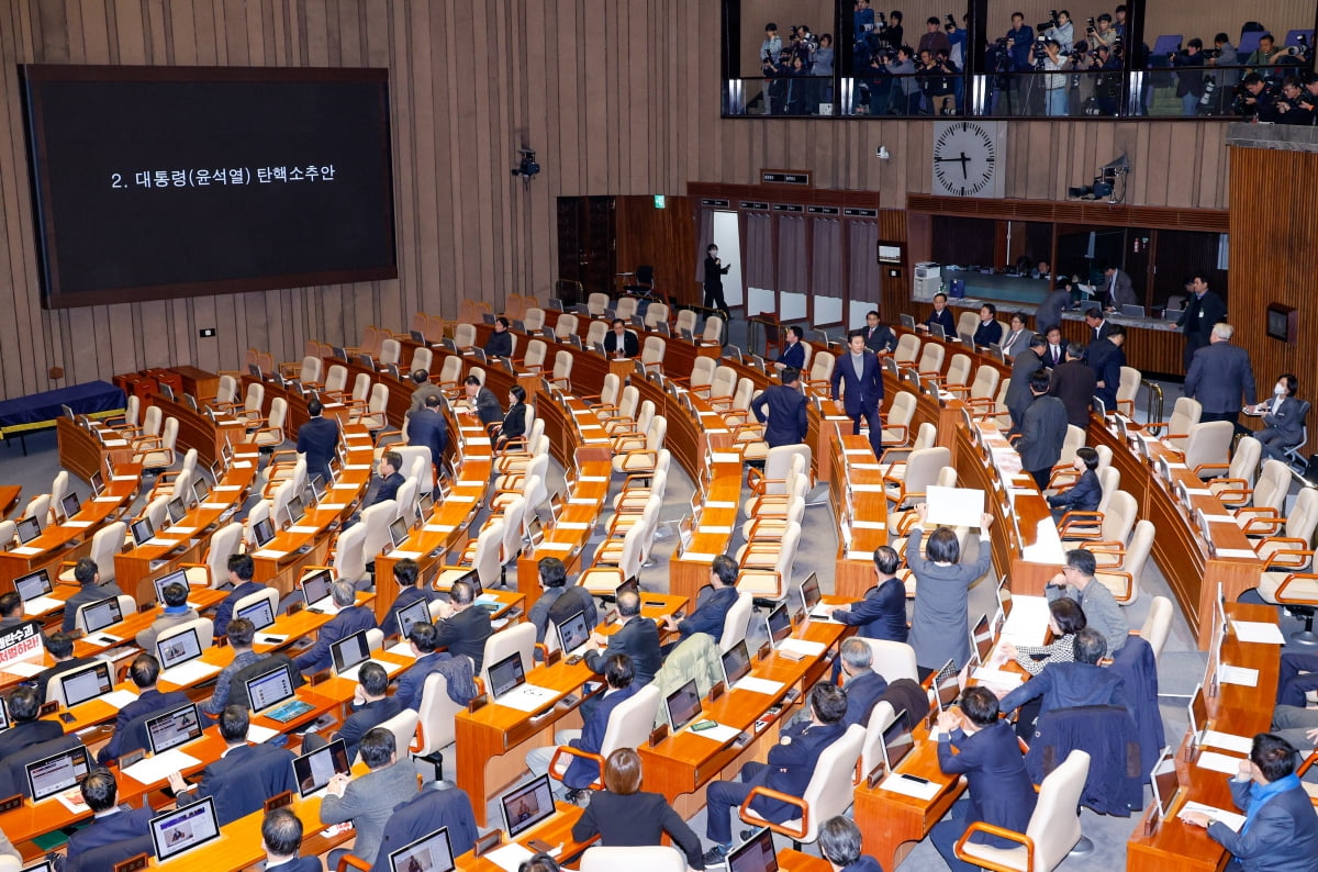 7일 윤석열 대통령 탄핵소추안이 상정되자 안철수 국민의힘 의원을 제외한 여당 의원들이 퇴장하고 있다. /사진=뉴스1